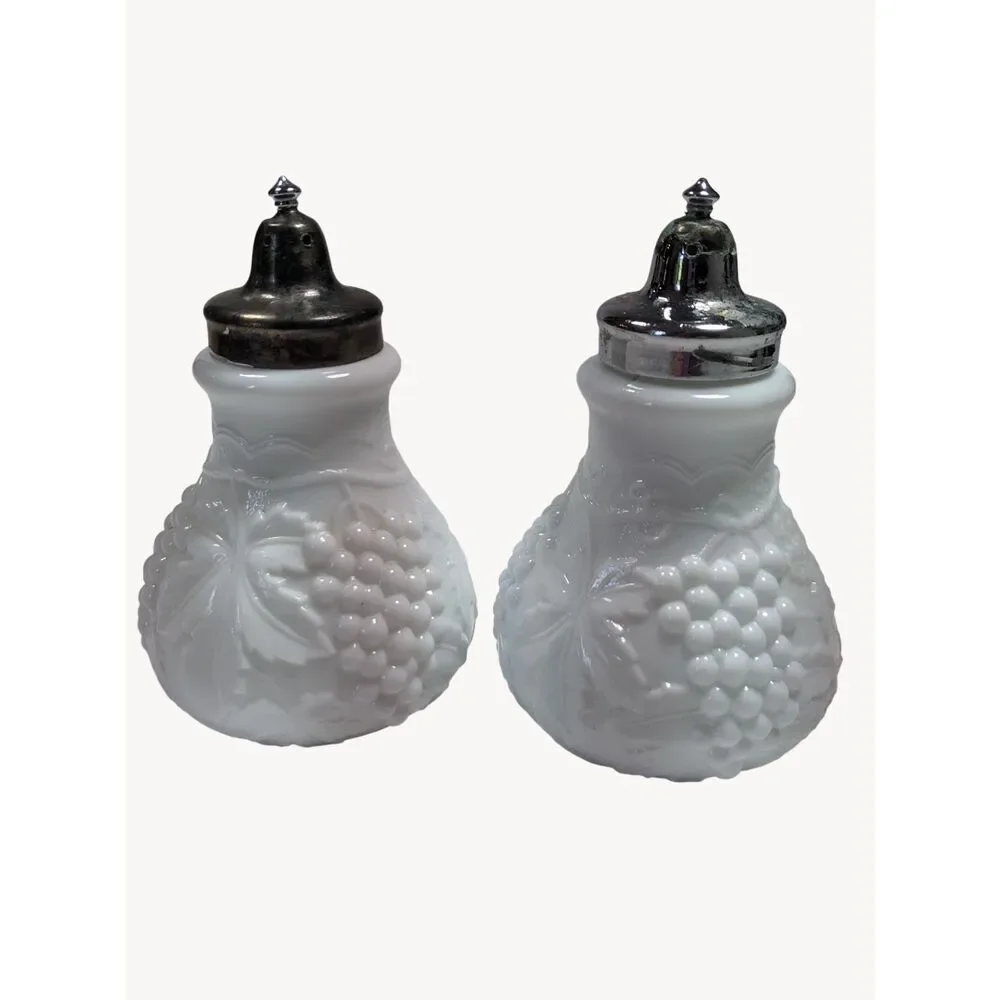 Imperial Milk Glass Grape Vine Salt & Pepper Shakers Larger Size Vintage 1950s